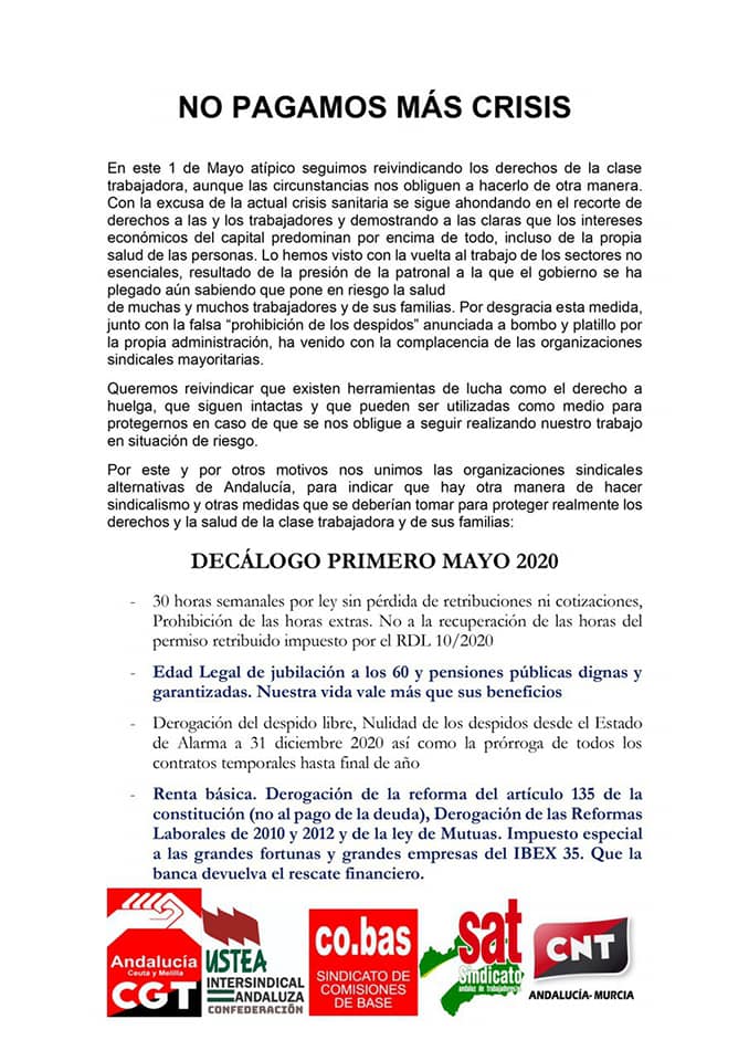 cobassevilla's tweet image. #1deM #nopagamosmascrisis 1º de Mayo: nuestras vidas valen más que sus beneficios. Decálogo reivindicativo unitario junto a @CGT_A @SAT_nacional @CNT_Andalucia @usteasindicato