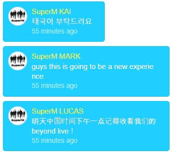  #KAI : Excuse me Ten #KAI : please say something in Thai #MARK : guys this is going to be a new experience  #LUCAS : Don't forget to watch our beyond live at 1pm CST tomorrow!  #TEN : and for Thai-fams don't forget to watch the broadcast at 1pm tomorrow kkkkkkk