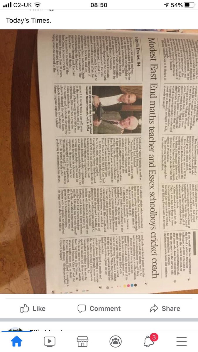 nassercricket's tweet photo. Behind every cricketer there is a story of someone behind the scenes who helped them along the way .. lovely obituary to a good man Haydn Davies in the times today who helped a lot of young essex cricketers along the way ! https://t.co/cChu9TPULg
