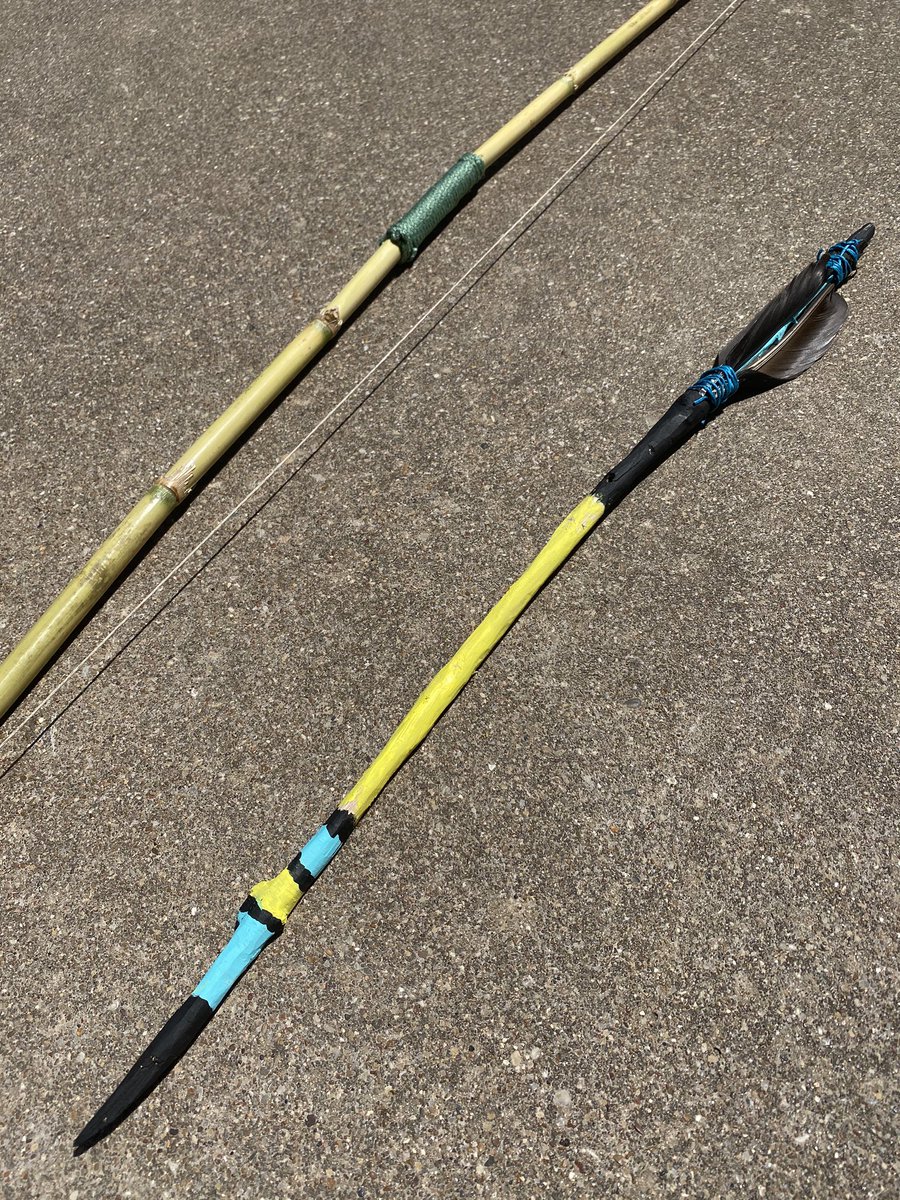 TerriDeVore's tweet photo. Some people read, clean, or garden on lockdown. Me? I made a bow an arrow. 
Not the best in the world, but pretty happy with my first attempt😀 
#whynot #iLikeToMakeThings #bambooBow https://t.co/y04NLltWE1