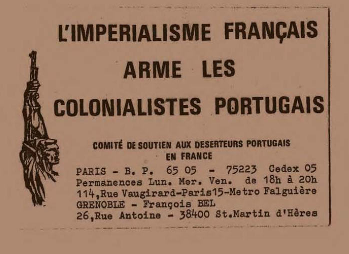 Avant le 25 avril 1974, il y a une forte effervescence politique de milliers de Portugais en Europe qui refusent la guerre et se mobilisent pour que les pays occidentaux – comme France – ne vendent plus d’armes au Portugal.