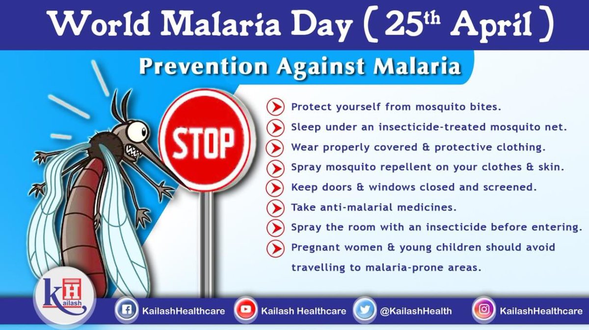 KailashHealth's tweet photo. Best way to prevent Malaria is avoiding mosquito bites. Take precautions to be safe!
#WorldMalariaDay #Treatment #Precautions #MalariaFever #HighFever #MosquitoBite #JointPain #AbdominalPain https://t.co/ME3ZwsAUgp