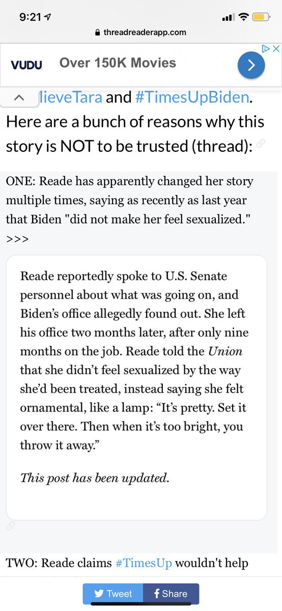According to  @J_fassler, Reade changed her story multiple times. The only thing his thread mentions about this is that she says she didn’t initially feel sexualized. Victims of sexual assault can have a multitude of reactions to the event. Not all of them are sure of how to