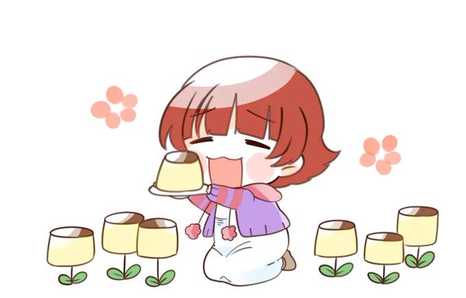 大量のプリンに囲まれて幸せそうな茜ちゃん 