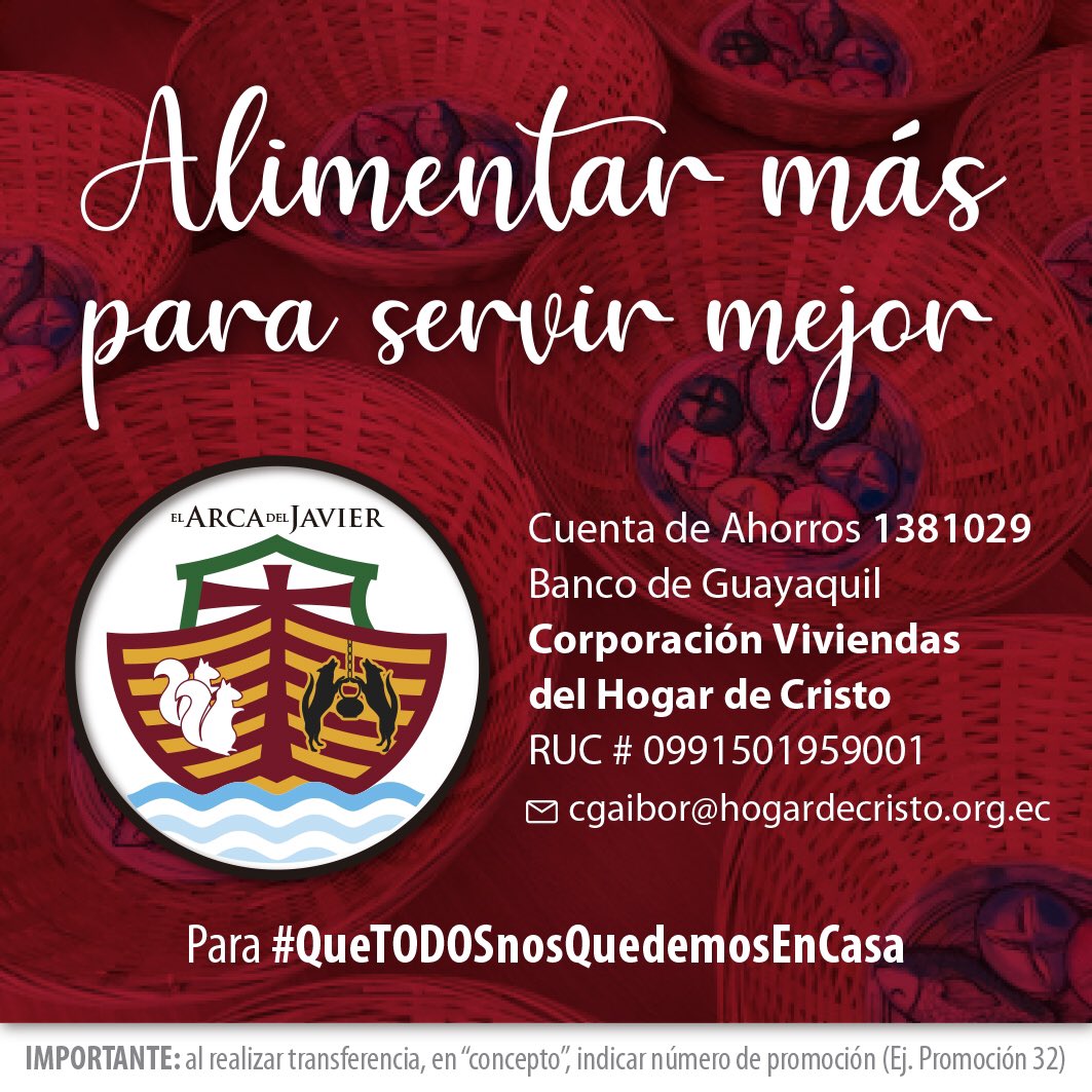uasialac's tweet photo. «Aquí hay un joven que tiene cinco panes y dos peces» (Jn 6, 9) #sicompartosemultiplica
Cuenta de Ahorros 1381029 Banco de Guayaquil
Corporación Viviendas del Hogar de Cristo RUC Nº 0991501959001
email: cgaibor@hogardecristo.org.ec
#alumni #jesuitas #uasialac #wuja https://t.co/CEaYcFsUNJ