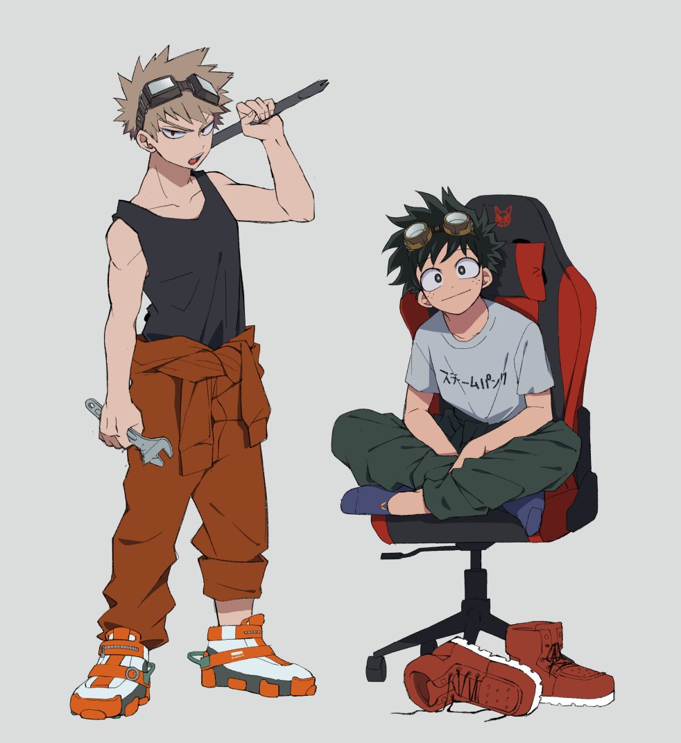 bakugou katsuki ,midoriya izuku multiple boys 2boys male focus sitting shoes freckles wrench  illustration images