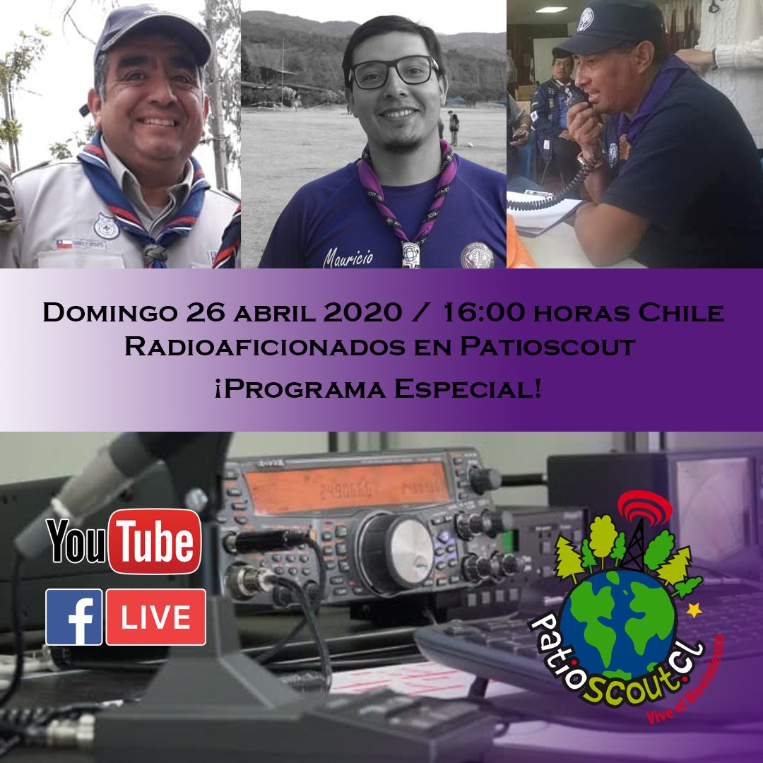 patioscout's tweet photo. Domingo 26-abril a las 16:00 horas de Chile y 15:00 de México, no te pierdas @patioscout. Tendremos un programa especial sobre los #radioaficionados y los #Scouts junto al equipo de @CE3BSC de la @agschile + amigos de Latinoamérica. No te lo pierdas!!! https://t.co/ZsZNsW2FZK