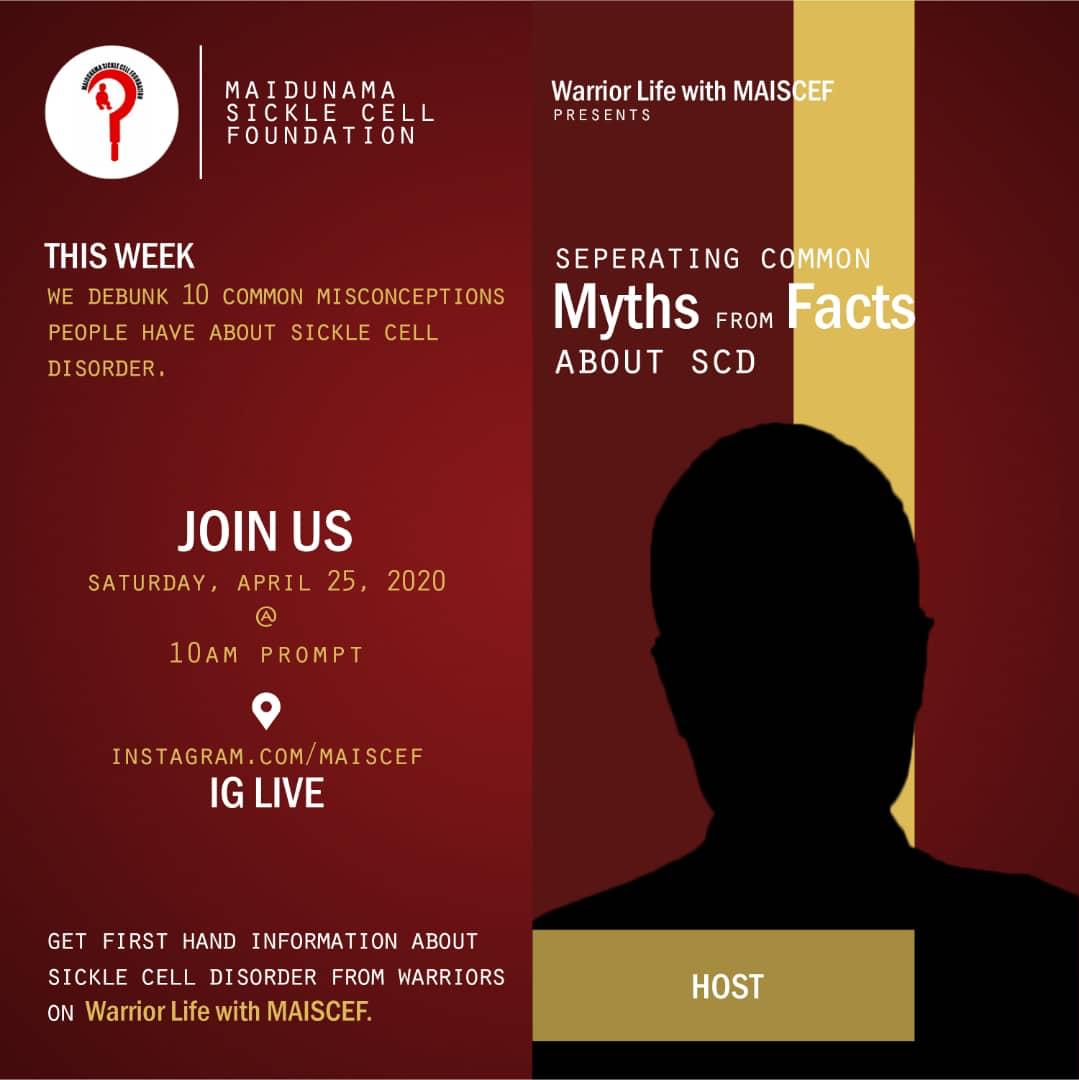 Join us on ig <a href="/maiscef/">Maidunama Foundation</a> forvtgis educative and exciting session. Do you have any questions on Sickle cell? Are you confused about it?  We will be addressing 10 top myths /truths on SCD. #level4lockdown #quarantinecruise #sicklecellawareness #TheWorldoftheMarried #Maiscef <a href="/MAISCEF/">Maidunama Foundation</a>