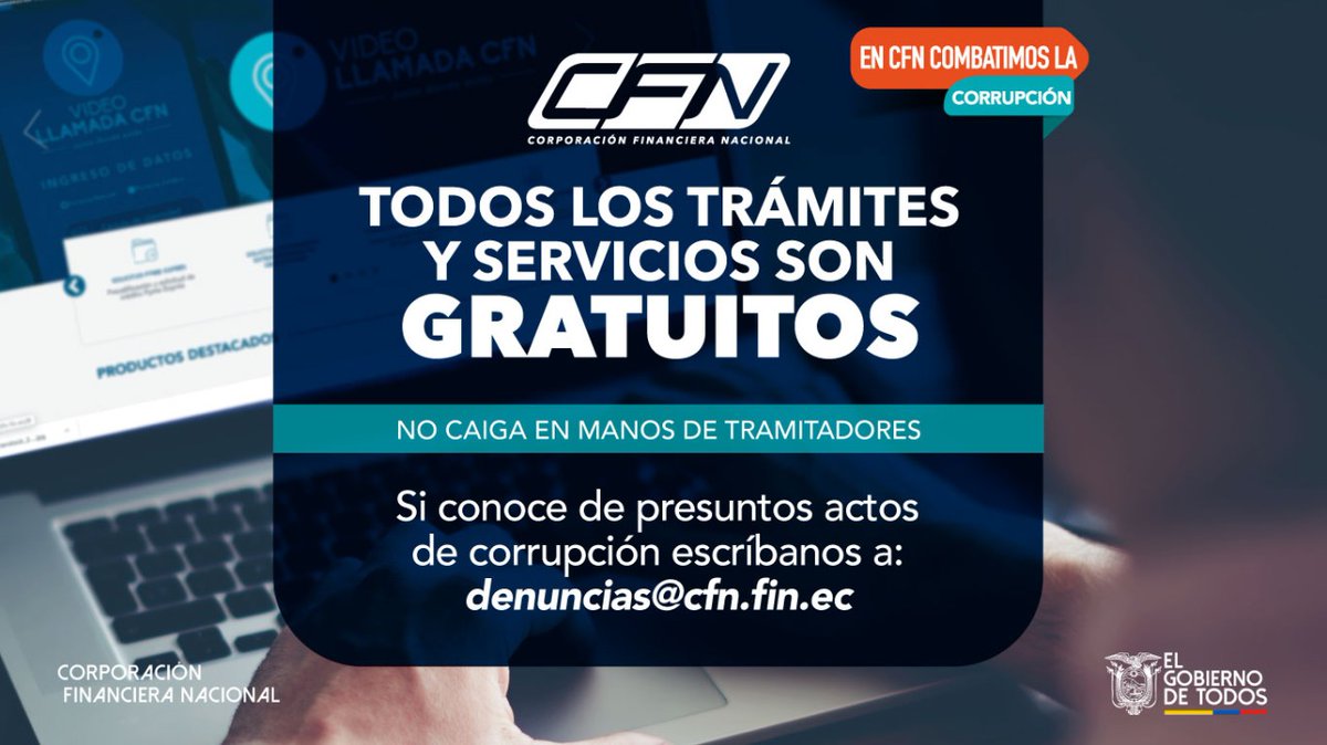 CFN_ECUADOR's tweet photo. #CFNTransparente | La Corporación Financiera Nacional (#CFN) cuenta con personal especializado y autorizado, dispuesto a atender, de forma gratuita, cada solicitud de crédito o información, las cuales son recibidas a través de nuestros canales oficiales.

https://t.co/rQ2kSNJgNo https://t.co/vHi4RPuTD4