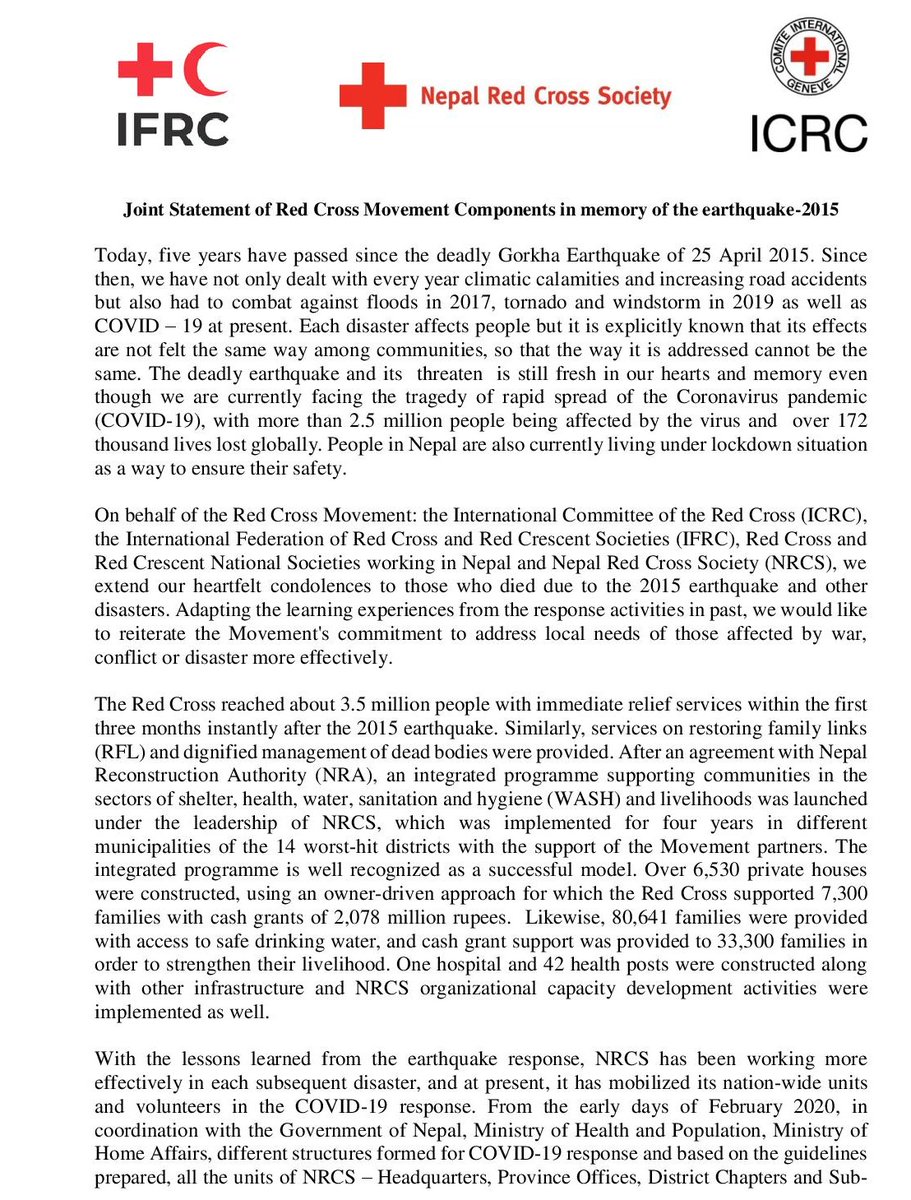 NepalRedCross's tweet photo. #RedCross  supported 7,300 families with #cash grants of 2,078 million NPR for private house construction &amp; other 33,300 families got cash grant to strengthen their livelihood after deadly earthquake-2015 that occurred exactly 5 years ago. Here is a Joint statement of RC family. https://t.co/3eEZQouB1q