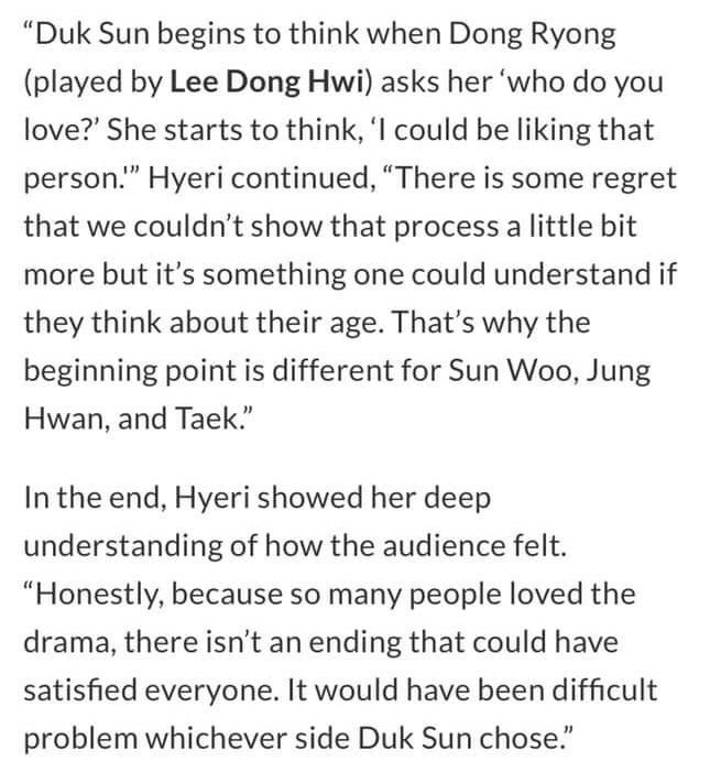 "because she had never experienced love, she didn't know that she liked taek." ms. hyeri herself on why taek was the one for deoksun  team junghwan look away LOL  #reply1988