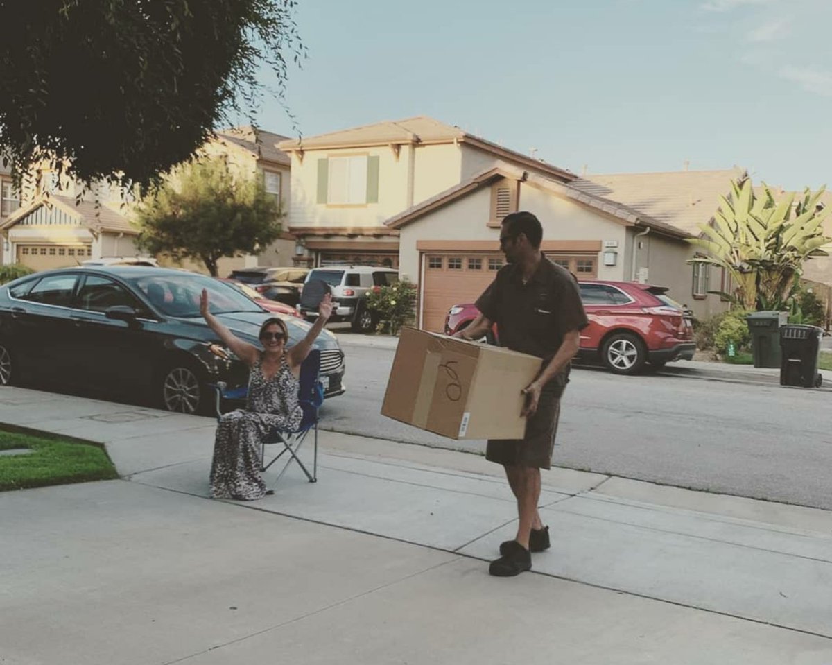 levans49er's tweet photo. Happy hour social distancing night with the neighbors and love that I got a birthday gift delivered! Shout out to @ups for all of the long hours so we can be safe and enjoy life. #ups #essentialservices  #socialdistancing #neighbors #happyhour #StayAtHomeRealities https://t.co/WGQONGtL7Y