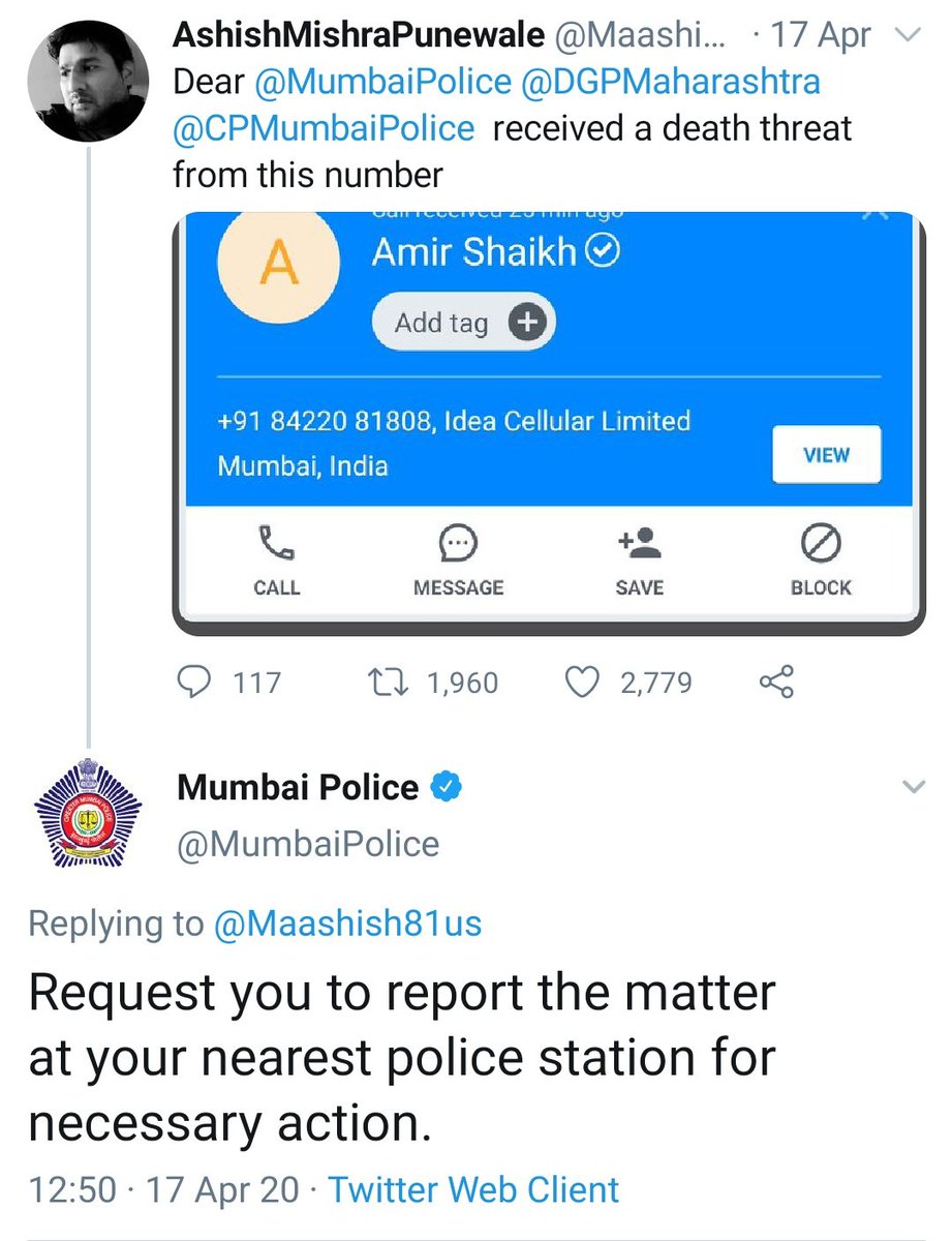 Urvashi Rautela didn't even complain or tagged Memebai police , another person tagged and requested them to save his life.. 
@MumbaiPolice