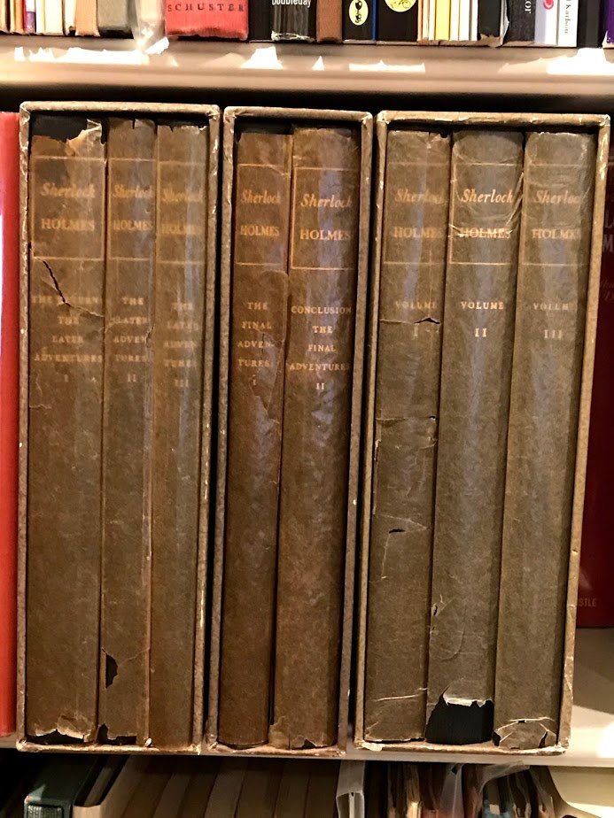 And finally, the creme de la creme of our collection of complete Sherlock Holmes stories: the Limited Editions Club / Heritage Press set, of 8 volumes, in their original onion skin dust jackets and with the original accompanying paperwork.