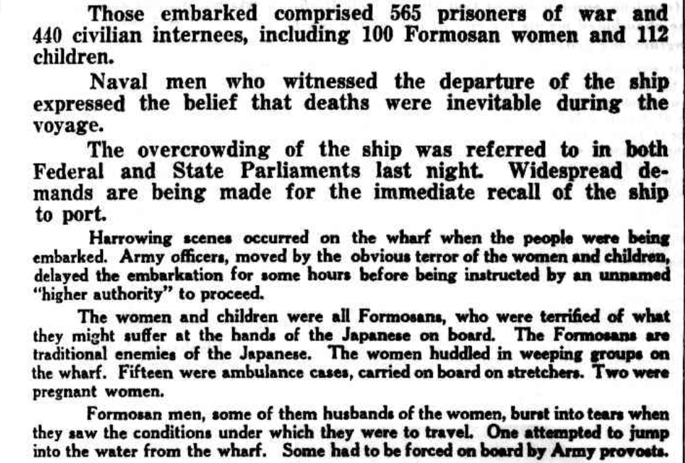 In March 1946 at Sydney harbour, in order to avoid being repatriated on an over-crowded hell ship, some Formosans defiantly argued that they're now not Japanese but Chinese. The Chinese vice-consul came & told them that "as Chinese, they would have to suffer too". Bit harsh. (3)