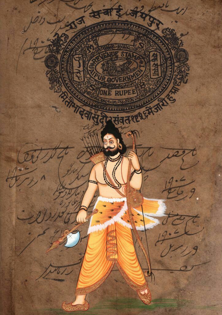 Parasurama legends are notable for their discussion of हिंसा (violence), the cycles of retaliations, the impulse of क्रोध (anger), the inappropriateness of krodha, and repentance. (5/6) Paintings on antique Raj Sawai Jaipur Stamps.