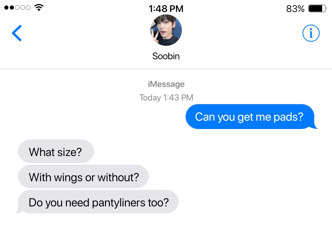 TXT replying to "Can you get me pads?" text