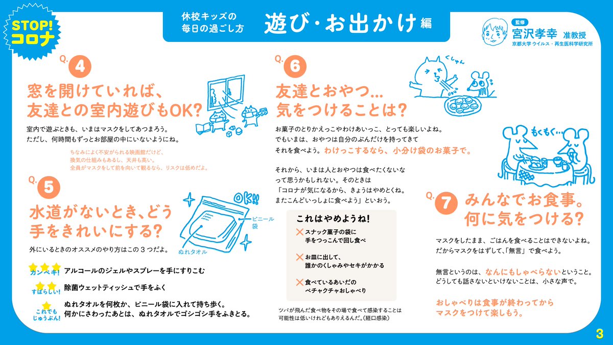 graphic_summary's tweet photo. 【子どもと一緒によめる！】
京都大学ウイルス・再生医科学研究所の宮沢孝幸准教授監修
「どうしても友だちと外であそびたい！」時のQ&amp;Aまとめ

©︎Hiromi Matsuda via Facebook https://t.co/QAnPzcSBH3
