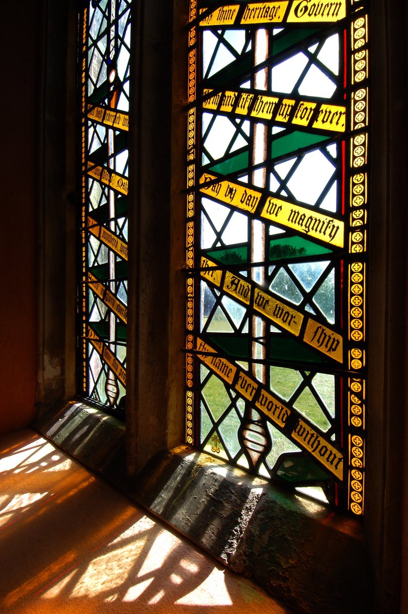 The 19th-century stained glass with ribbons, inscriptions and saints is by John Toms, a Wellington-based stained-glass designer … and undertaker… for many local churches. The eagled-eyed will find his monogram, his initials intertwined at the base of several windows.(7/8)