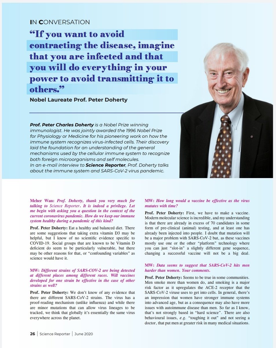 hjkhan's tweet photo. Exclusive interview to appear in June issue of Science Reporter. Nobel laureate Peter Doherty, awarded for pioneering work on howimmune system recognizes virus-infected cells, talks to @wanmeher on #Covid_19 virus strains, treatment &amp; role of immunity. 
@CSIR_IND @shekhar_mande https://t.co/L2uoIy8CZ9