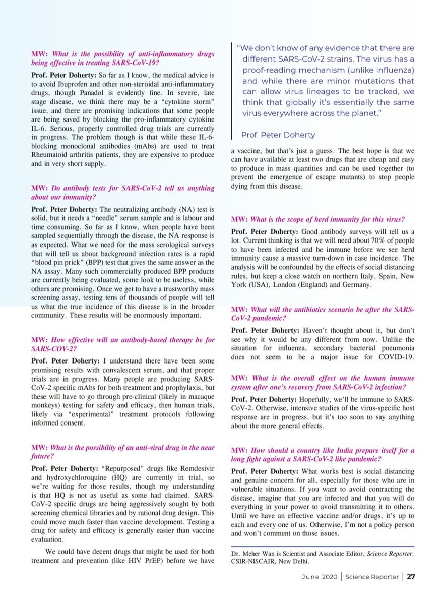 hjkhan's tweet photo. Exclusive interview to appear in June issue of Science Reporter. Nobel laureate Peter Doherty, awarded for pioneering work on howimmune system recognizes virus-infected cells, talks to @wanmeher on #Covid_19 virus strains, treatment &amp; role of immunity. 
@CSIR_IND @shekhar_mande https://t.co/L2uoIy8CZ9