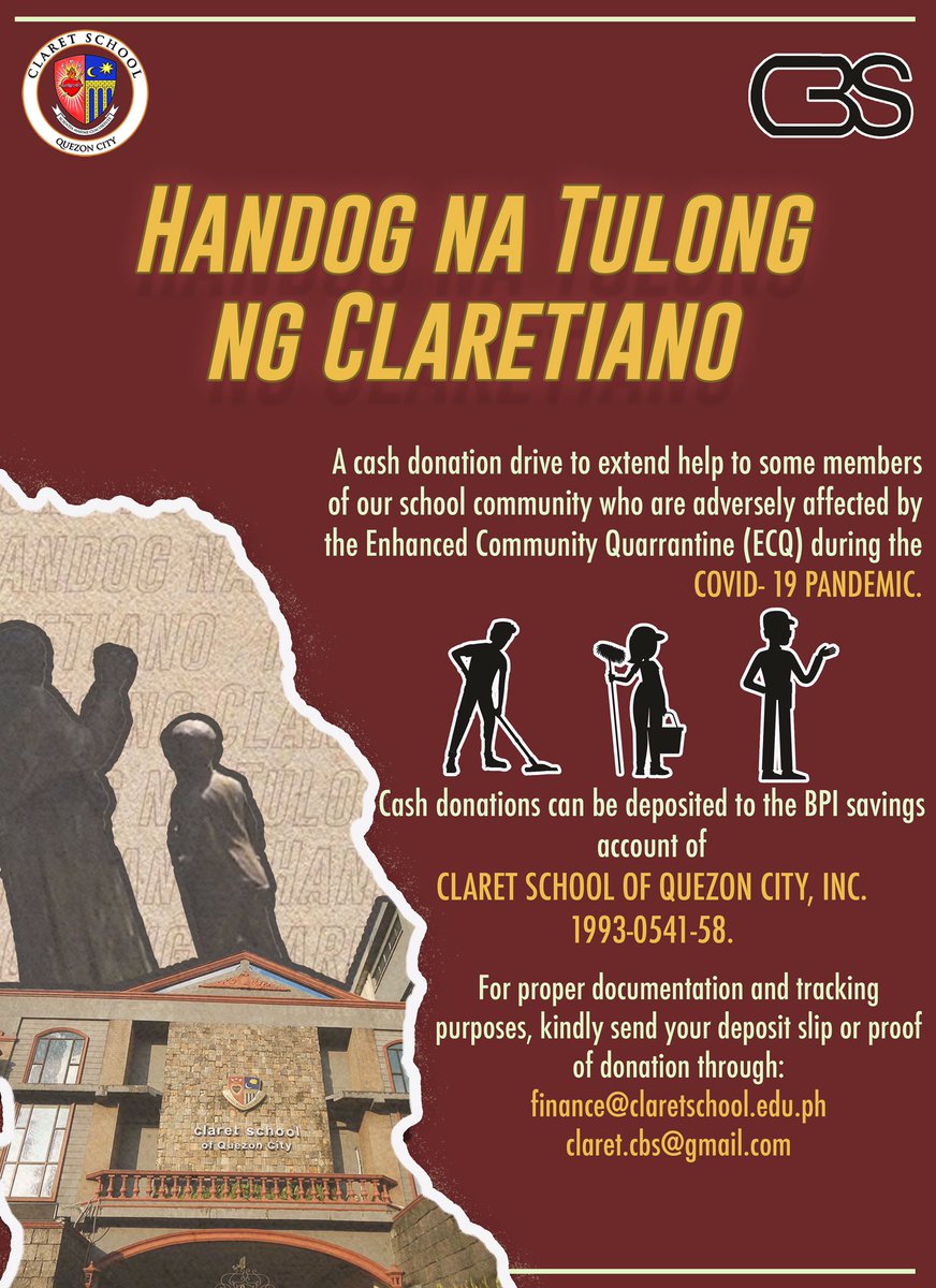 CBS_CSQC's tweet photo. The Central Board of Students presents: Handog na Tulong ng Claretiano

This is a cash donation drive to help some members of our school community who are adversely affected by the enhanced community quarantine (ECQ). https://t.co/dAiBG0ubld