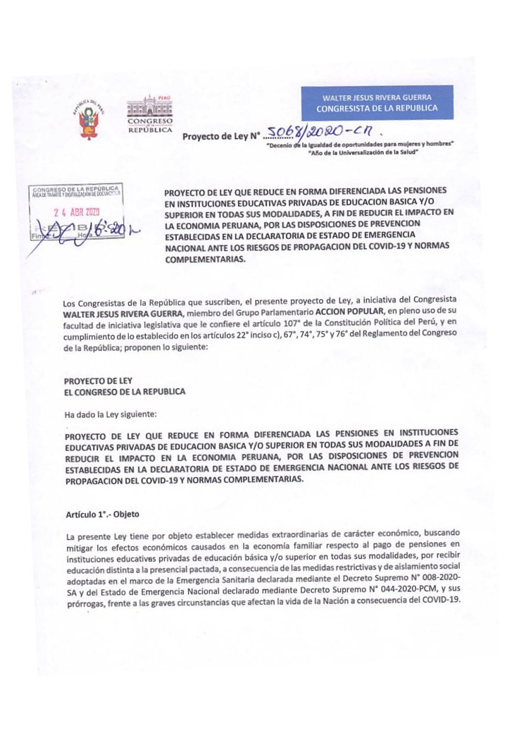 WalterRiveraAP's tweet photo. Ante el abuso de instituciones educativas he presentado la #LeyReducciónDePensiónEducativaPrivada, aplicable a la EDUCACIÓN BÁSICA y/o SUPERIOR EN TODAS SUS MODALIDADES. En #EstadoDeEmergencia la economía familiar y la continuidad de la educación debe garantizarse #PerúAdelante https://t.co/pfo2LksZwR