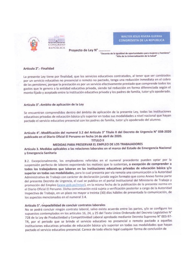 WalterRiveraAP's tweet photo. Ante el abuso de instituciones educativas he presentado la #LeyReducciónDePensiónEducativaPrivada, aplicable a la EDUCACIÓN BÁSICA y/o SUPERIOR EN TODAS SUS MODALIDADES. En #EstadoDeEmergencia la economía familiar y la continuidad de la educación debe garantizarse #PerúAdelante https://t.co/pfo2LksZwR