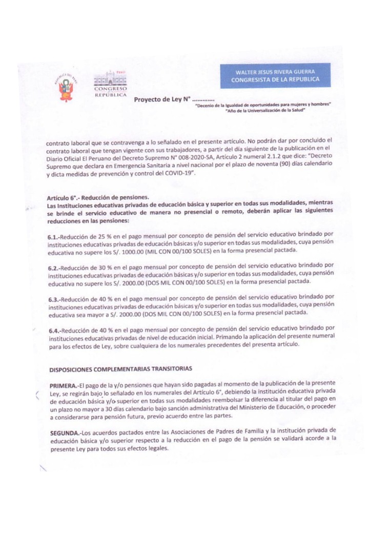 WalterRiveraAP's tweet photo. Ante el abuso de instituciones educativas he presentado la #LeyReducciónDePensiónEducativaPrivada, aplicable a la EDUCACIÓN BÁSICA y/o SUPERIOR EN TODAS SUS MODALIDADES. En #EstadoDeEmergencia la economía familiar y la continuidad de la educación debe garantizarse #PerúAdelante https://t.co/pfo2LksZwR