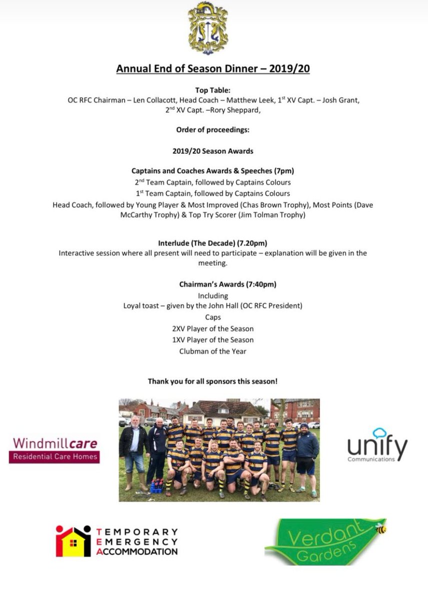 OC_RFC's tweet photo. Tonight we are making history, the first end of season dinner to be held via video conference. 

Looking forward to seeing everyone later this evening, 1900 start wearing 1s. 

🍻 https://t.co/JuCS4QZJIw