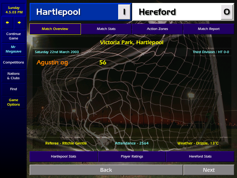 Christ on a bike!!! Games 37 & 38 are an utter piss take! Losing 1-0 at home to Southend who barely lay a scratch on us, then the mother of all champings by Hartlepool. Who fail to have a single shot on target, yet Agustin duly obliges for them!  #cm0102therace 