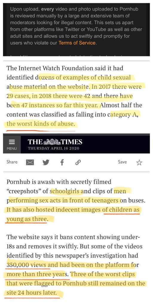 By their own admission Pornhub’s “extensive” team of moderators approve of child rape, abuse and sexual torture. #Traffickinghub
