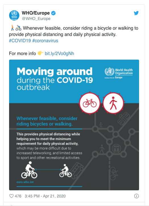 fmceschin's tweet photo. L'Organizzazione Mondiale della Sanità ha cambiato registro: "Ogni volta che è fattibile, considera l'opportunità di andare in bicicletta o camminare per favorire l'allontanamento sociale e l'attività fisica quotidiana". #riapriteiparchi https://t.co/UkawZXjmkQ
