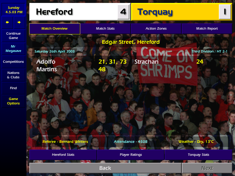 Game 45 and Adolfo comes up with the goods against Torquay who we duly relegate at the same time!! Revenge for this one, when they champed us earlier in the season (like most others). How have we just gone 2nd in the table?