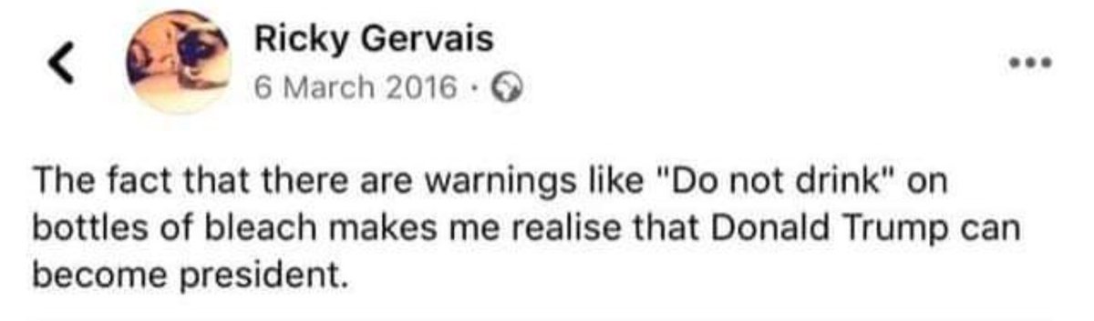 Hey <a href="/rickygervais/">Ricky Gervais</a> do you remember this tweet from 2016? ...Relevant. 🤣