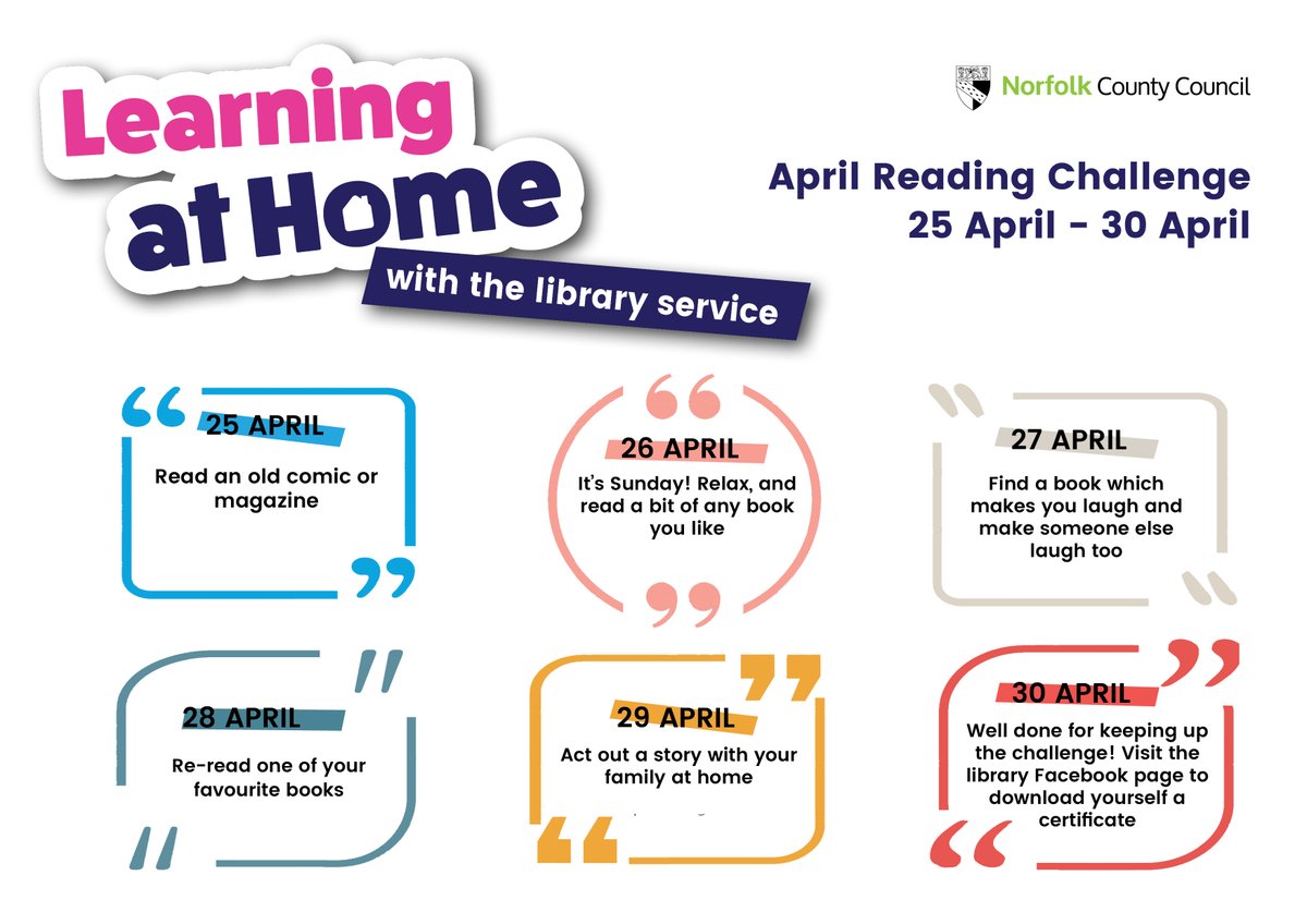 NorfolkCC's tweet photo. It's the final #NorfolkLibrariesChallenge week – a great way of keeping the kids learning at home!

This week: find a book that makes you laugh, and do some acting for your family!

How many of this week's @NorfolkLibs challenges will your child finish? 🏆 https://t.co/6U1YxFwkMV