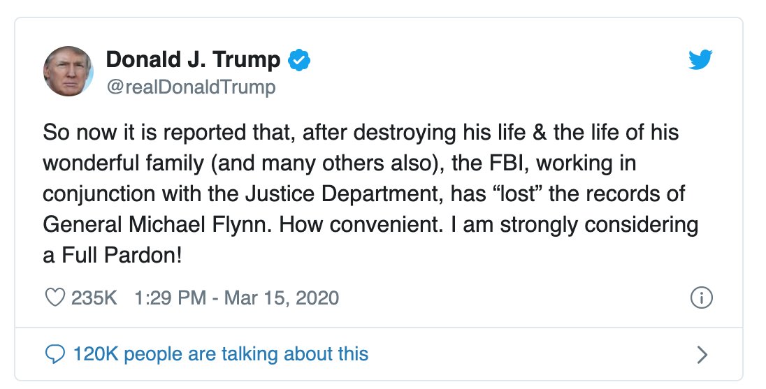 5. With (some of) the exculpatory documentation finally in front of him for the General to see, tonight he makes his declaration, tweeting for the first time since September 2017:  https://twitter.com/GenFlynn/status/1253868533580279809  #QAnon  #Q