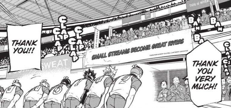 tsubakihara's motto was "even small streams form strong rivers." the little things will ultimately produce great results. and nothing could better represent this motto more than hinata's ball boy arc.
