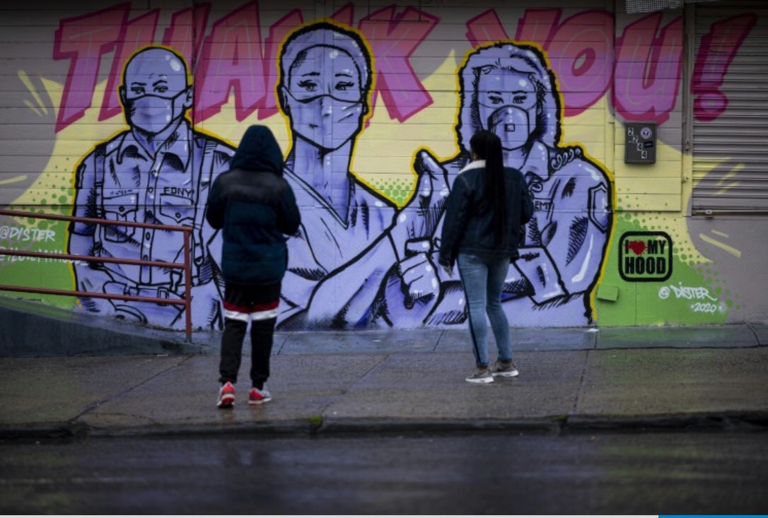 tribunephl's tweet photo. A mural by artist #Dister picturing first responders in the Harlem neighborhood of Manhattan in New York City. #NYC #Covid19 #coronavirus @AFP https://t.co/Z5a5TqupiR