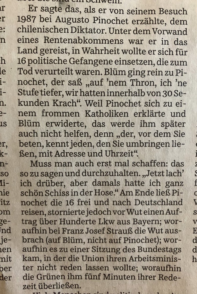 alf_frommer's tweet image. Norbert Blüm war ein großer Mensch: er rettete 16 Chilenen vor der Todesstrafe. Dadurch wurde ein LKW-Geschäft mit Chile verhindert. Strauß war sauer. Die eigene CDU/CSU Fraktion gab ihm keine Redezeit, die Grünen gaben ihm daraufhin 5 Minuten zur Aussprache.