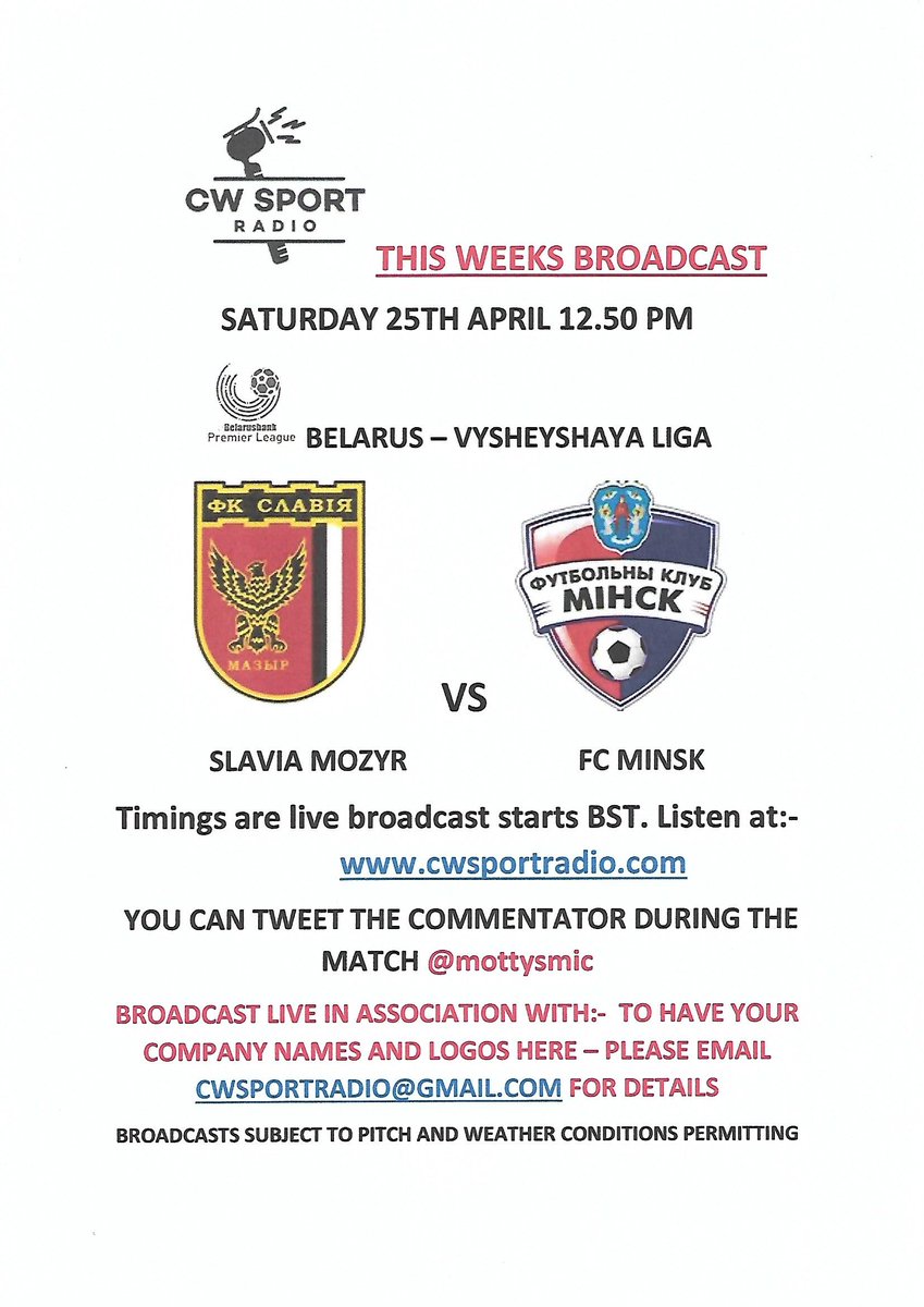 PLS RT MATCHDAY <a href="/BelarusianPL/">Belarusian Premier League</a> first up <a href="/MozyrSlavia/">slavia mozyr</a> vs <a href="/fc_minsk/">오야지</a> Live English commentary from 12.50pm (1pm ko) on cwsportradio.com <a href="/thechuckladd/">Charlie</a> <a href="/Slaviya_Mozyr/">ФК «Славия-Мозырь»</a> <a href="/fcminsk_en/">FC Minsk English/ФК МИНСК</a> <a href="/fcminskstuff/">ФК Минск</a> <a href="/fcminskby/">ФК Минск</a> <a href="/fcminsk/">Nixon</a> <a href="/bpl_english/">Belarus Football Fans ⚽️🇧🇾</a>