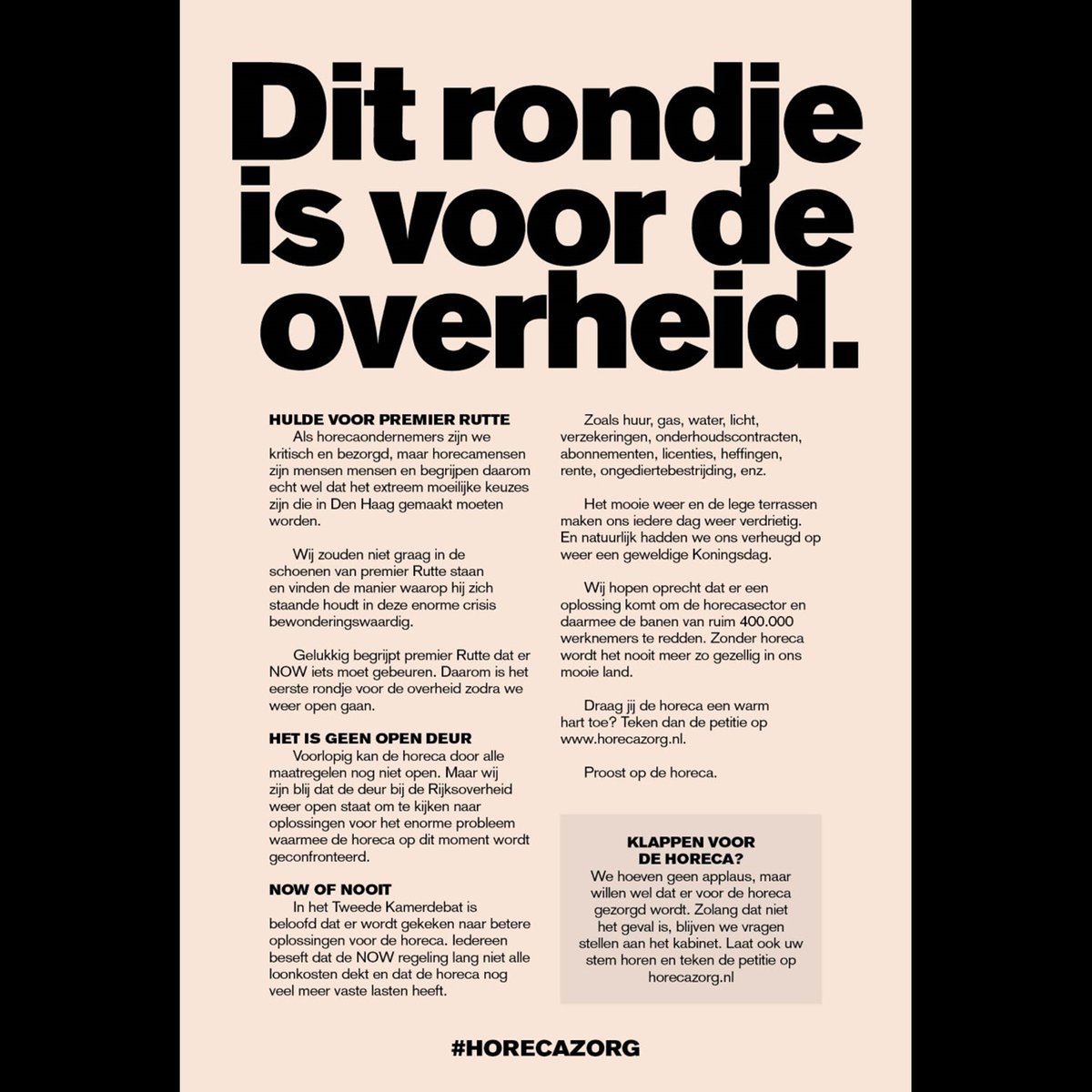 horecazorg's tweet photo. Het zoveelste weekend waarin we de horeca missen, is het fijn te zien dat er in de Tweede kamer meer aandacht is voor oplossingen voor de horeca. Daarom vandaag in @FDNyenrode  ons "rondje voor de overheid".  Ga naar https://t.co/NDHvnxoPXb en teken de petitie! 
#Horecazorg https://t.co/UC3Ysziyv1