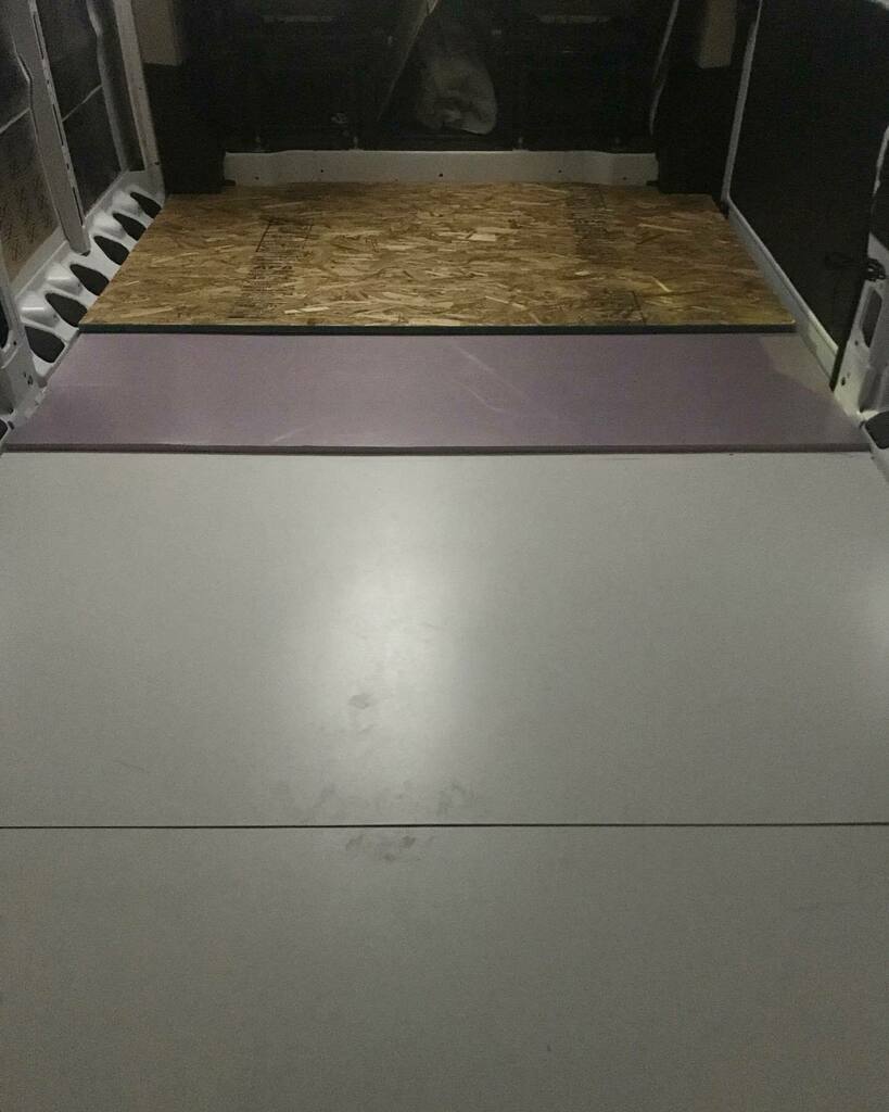 The next step on the floor was to it to shape, lay, and adhere a 1/4 inch layer of...uh...the white stuff, (some kind of board, the name of which, I am currently forgetting [help me, Steve! @vanishskateco ]) followed by an inch of insulation board and an inch of plywood to f…