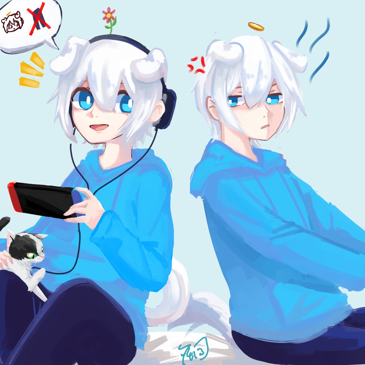 Tea413Toy's tweet photo. 當着凱吉面說他不穿褲子的小白��在幫小白農吸血鬼物資的凱吉
#小白
@WhiteGX_Lazy 
偷偷艾特
(我覺得把地瓜畫崩了QQ，本來是想畫波波座在凱吉腿上的我能力和時間都不足 對不起QQ https://t.co/o1UKmLewrt