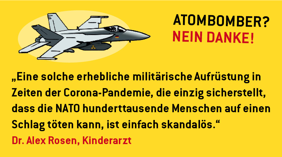 Atombomber? Nein danke! Deutschland braucht keine Atomwaffen – und auch kein neues Trägersystem dafür. Bitte teilt diese Petition, damit wir den Kauf verhindern können: weact.campact.de/petitions/atom…  ✈️⛔️  Info: atombomber-nein-danke.de #nuclearban #coronavirusdeutschland #Coronakrise