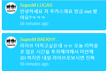  #LUCAS : Hello, I'm Lucas, Did you watch our insta live just now? kkkkkkkkkkkkk #BAEKHYUN   : I wanted to do live more ㅠㅠ I'm sorry, we need to invest a lot of times for rehearsal today, BUT if you watch the online concert live tomorrow, really you'll be surprised!><