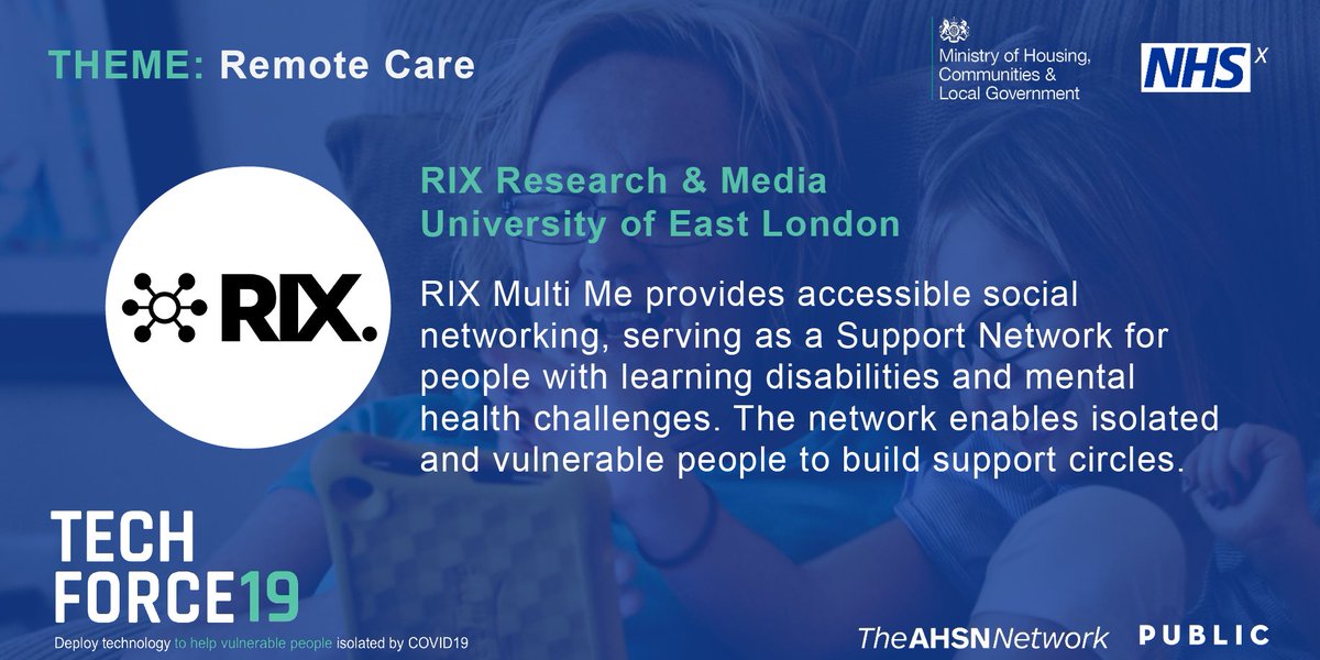 #TechForce19 WINNER
The <a href="/rix_centre/">RIX Inclusive Research Institute</a> toolkit provides highly accessible and secure social networking that serves as a Support Network for people with learning disabilities and mental health challenges. Website here: rixresearchandmedia.org #TechAgainstCovid19
