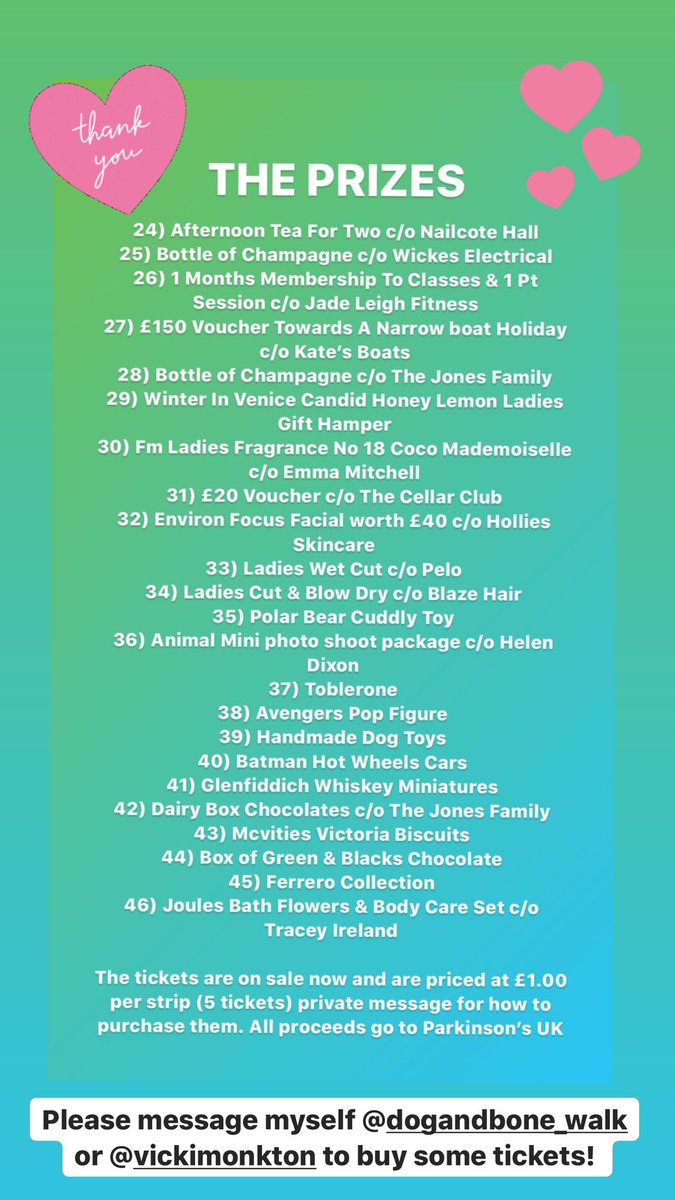 Our fab walker &amp; friend Vicki is doing a raffle to raise money for <a href="/ParkinsonsUK/">Parkinson's UK</a> She had a fab event planned but it’s had to be cancelled. Please support her to reach her £500 goal! DM for tickets, 5 tickets for only £1 

#parkinsons #leamingtonspa #warwick #warwickshire #charity