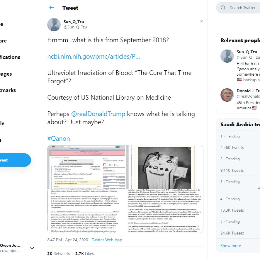 6/ This account  @sun_q_tzu got retweeted a lot. They appear to be a Qanon account, suggesting Trump somehow knows what he is talking about. He shared a peer-reviewed article about ultraviolet blood irradiation  https://www.ncbi.nlm.nih.gov/pmc/articles/PMC6122858/