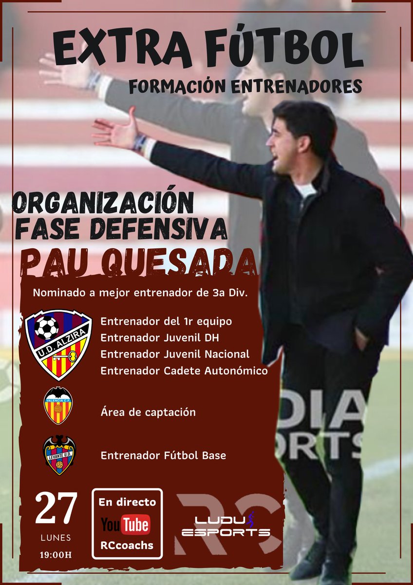 Lunes día 27 de abril a las 19:00h en directo el canal de YouTube RCcoachs ⚽️🎤🎧🎬💻 <a href="/RCcoachs/">RCcoachs</a> @PauQuesadaT <a href="/UDAlzira/">UD Alzira</a>